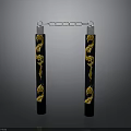 Traditional Nunchucks With Black Handles And Golden Dragon Patterns Connected By Silver Chain