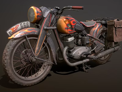 Vintage Motorcycle Featuring Flame Decals Yellow Red Headlight License Plate 666 and Leather Side Bag 3d model