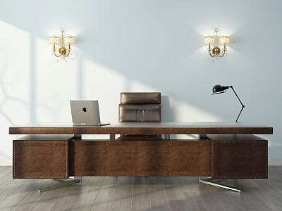 Brown Leather Desk with Laptop Black Desk Lamp and Gold Wall Sconces on White Wall 3d model