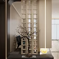 Modern Entryway Hallway Interior Design Featuring Lattice Screen Wooden Walls And Tree Branch Decoration
