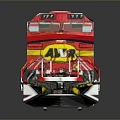 Red Train Locomotive With Yellow Stripes And Front Design Features 3d model