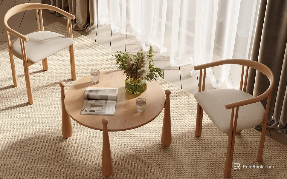 Modern Living Room Wooden Round Table And Armchairs With Flowers Magazine Glass Decor 3d model 