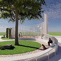 Scenic Wall In Outdoor Children's Play Area With Cloud Butterfly Cutout Patterns And Kids Playing