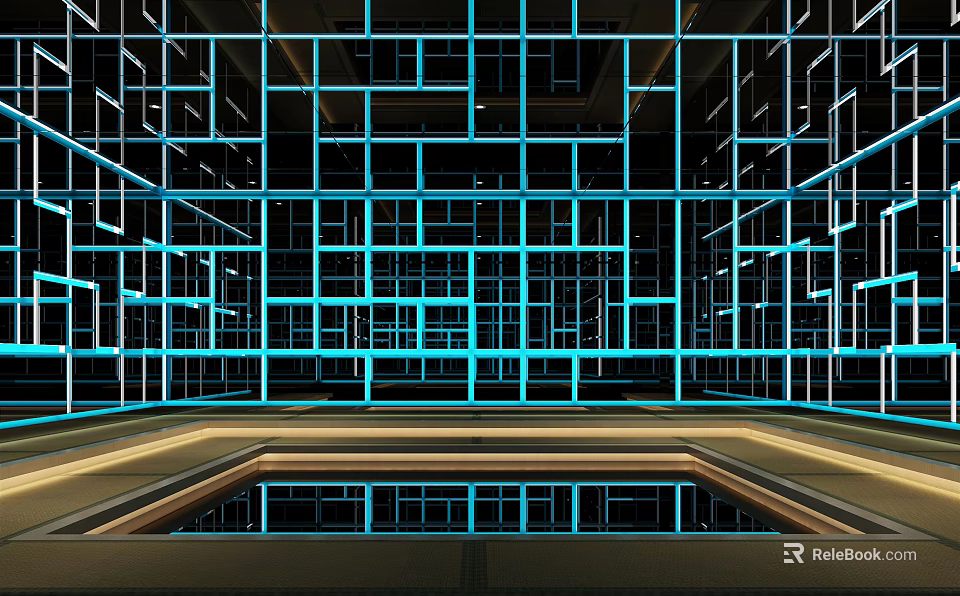 Contemporary Shower Sauna Space With Blue Grid Patterns And Luminous Structural Design 3d model 