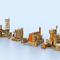 Future Architecture Industrial Style 3D Rendered with Stone Metal Structures Towers Pipes and Platforms
