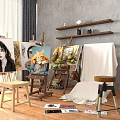 Art Studio Space with Easels Canvas Paintings and Musical Instruments on Shelves