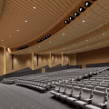 Spacious Conference Room Interior With Ceiling Design Rows Of Seats Projection Screen And Wooden Walls