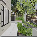 Modern Garden Landscape With Stone Path Green Plants Trees Bamboo And Seating Area Lighting