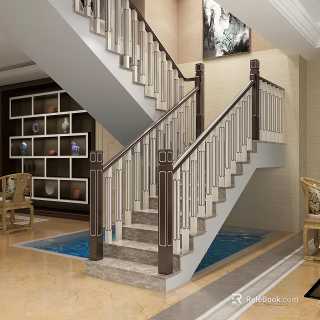 Elegant Staircase With Marble Steps Metal Railings And Wooden Accents In Interior 3d model 