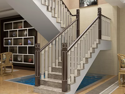 Elegant Staircase With Marble Steps Metal Railings And Wooden Accents In Interior 3d model