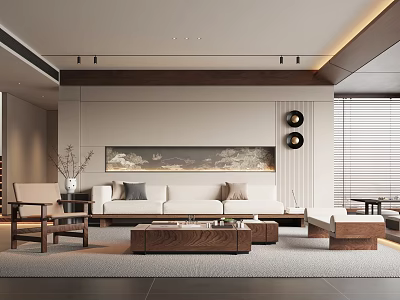 Modern Minimalist Living Room Interior With Wooden Sofa Coffee Table And Decorative Painting 3d model