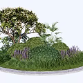 Various Flower Plants In Circular Garden Bed With Green Shrubs Lavender And Lawn