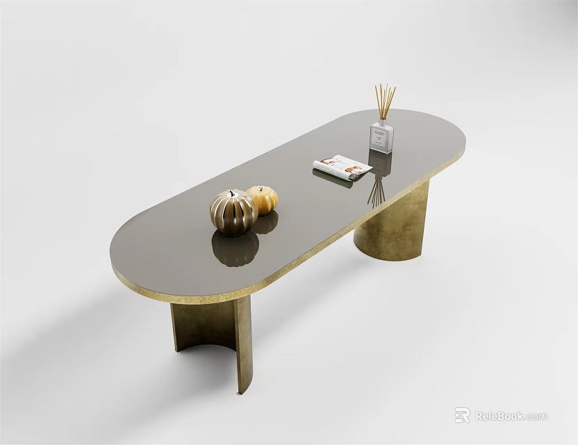 Modern Dining Table With Dark Tabletop Gold Metal Legs Reed Diffuser Book And Decorative Pumpkins 3d model