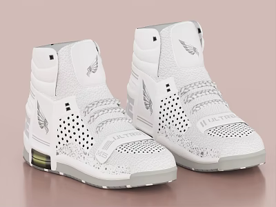 Stylish White High Top Shoes with Wing Design and Perforated Details 3d model