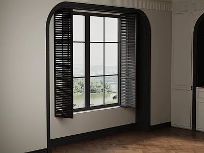 Arched Window With Black Shutters And Lake View In Room With Wooden Floor 3d model