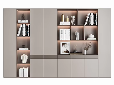 Modern Bookcase Interior Design With Open Shelves Cabinets And Decorative Books Ornaments 3d model