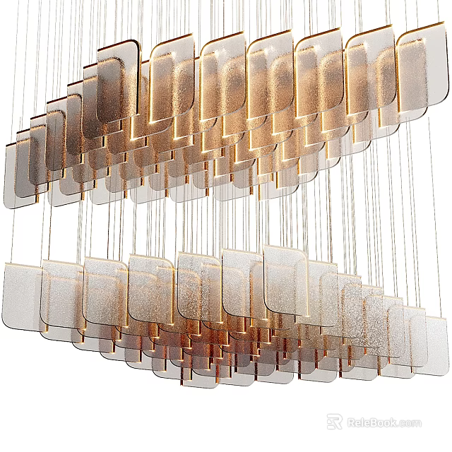 Modern Glass Chandelier With Layered Rectangular Panels And Golden Accents For Contemporary Interior Decoration 3d model 