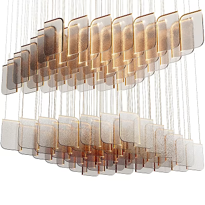 Modern Glass Chandelier With Layered Rectangular Panels And Golden Accents For Contemporary Interior Decoration 3d model