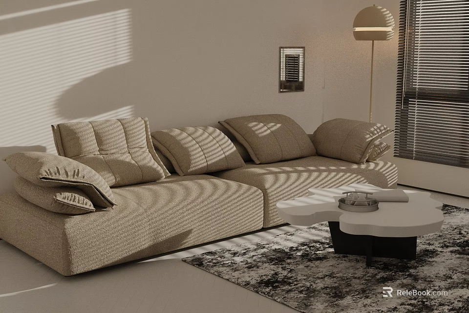 Modern Beige Sofa and White Coffee Table Set with Cushions in Living Room Sunlight Shadows 3d model 