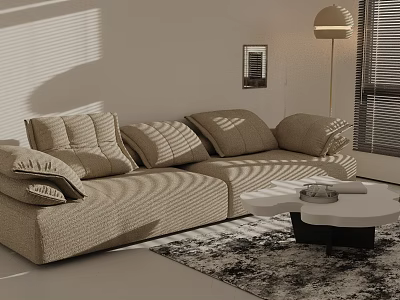 Modern Beige Sofa and White Coffee Table Set with Cushions in Living Room Sunlight Shadows 3d model