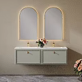 Elegant Modern Bathroom Vanity With Double Arched Backlit Mirrors Gold Faucets And Floral Decor