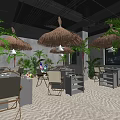 Tropical Themed Restaurant Interior With Thatched Umbrellas And Lush Green Plants