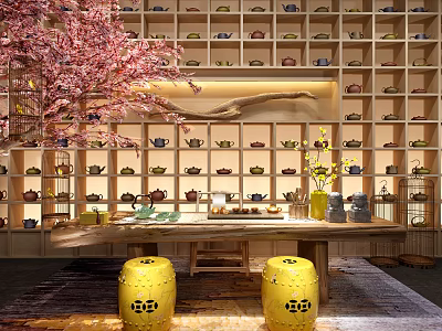 Tea Table And Chairs With Pink Cherry Blossom Tree Tea Set Shelves Yellow Drum Stools 3d model
