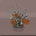 Elegant Floral Arrangement In Silver Vase With Orange White Flowers And Feathery Accents