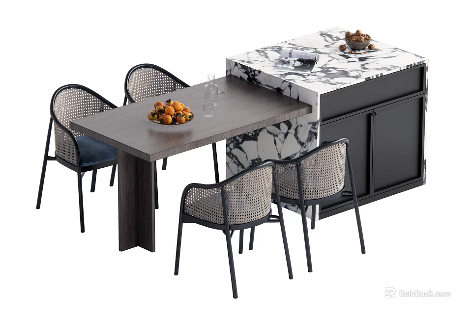Dining Table Set With Wooden Top Woven Rattan Chairs Black Legs And Marble Cabinet 3d model 