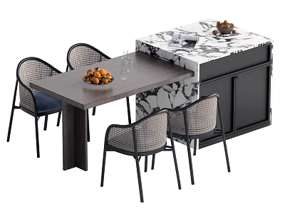 Dining Table Set With Wooden Top Woven Rattan Chairs Black Legs And Marble Cabinet 3d model