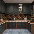 Classic Kitchen Interior With Dark Cabinets Colorful Tiled Walls Brown Countertops And Blue Floor Tiles