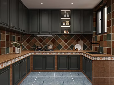 Classic Kitchen Interior With Dark Cabinets Colorful Tiled Walls Brown Countertops And Blue Floor Tiles 3d model