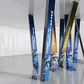Modern Interior With Geometric Pillars Blue Patterns And Smooth Reflective Floor 3d model
