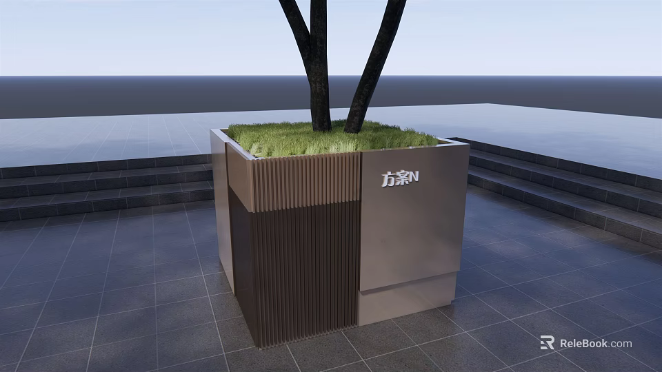 Modern Square Flower Planter With Grass Tree And Textured Surface For Outdoor Use 3d model 
