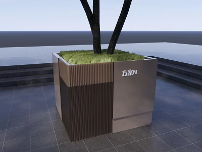 Modern Square Flower Planter With Grass Tree And Textured Surface For Outdoor Use 3d model