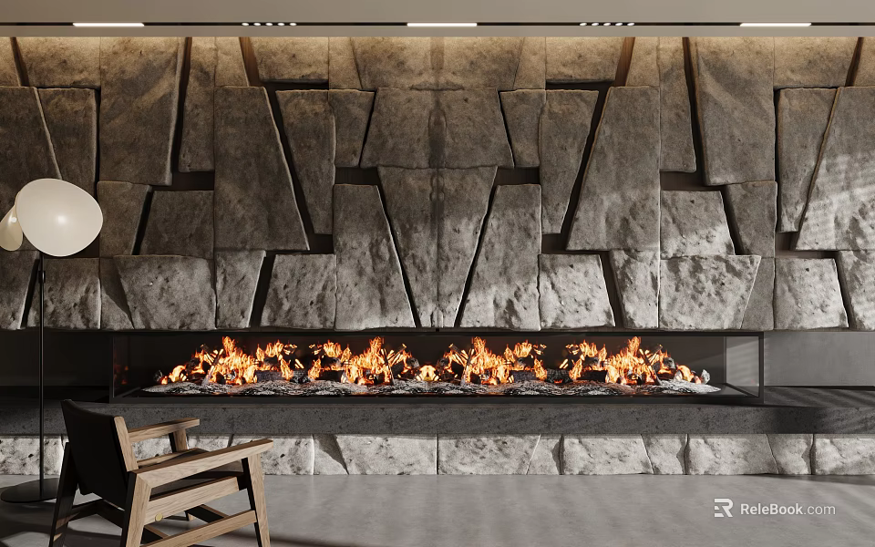 Modern Stone Wall Fireplace With Burning Flames Wooden Chair And Minimalist Design 3d model 