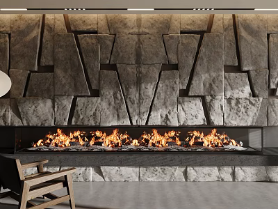 Modern Stone Wall Fireplace With Burning Flames Wooden Chair And Minimalist Design 3d model