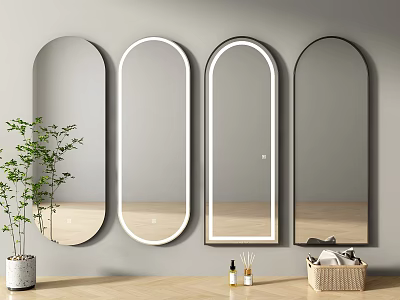 Different Shaped Mirrors Mounted On Gray Wall With Green Plant Small Bottles And Woven Basket 3d model