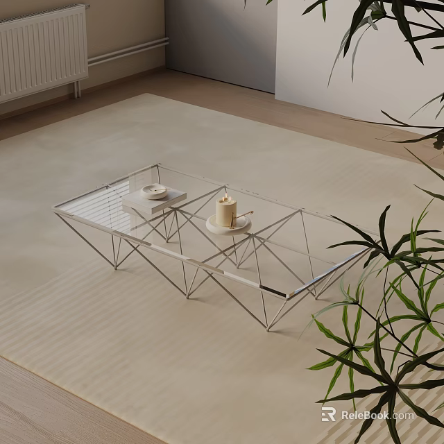 Modern Minimalist Sofa and Coffee Table Set with Glass Top Metal Frame and Plants 3d model 