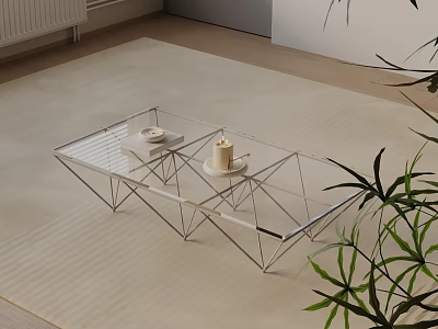 Modern Minimalist Sofa and Coffee Table Set with Glass Top Metal Frame and Plants 3d model