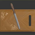 Wooden Kitchen Cutting Board With Knife And Carved Patterns And Handle Hole