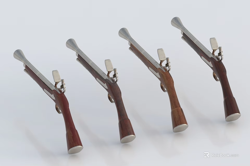 Vintage Flintlock Pistols With Wooden Stocks And Metal Barrels Arranged In 3d model 