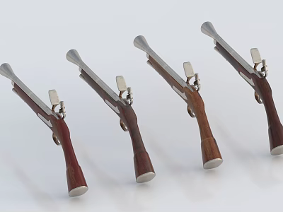 Vintage Flintlock Pistols With Wooden Stocks And Metal Barrels Arranged In 3d model