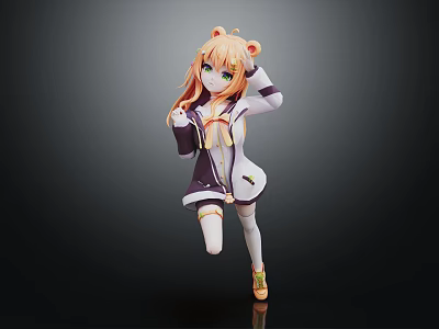 Anime Style Cat Ear Girl Character 3D Model With Green Eyes Purple White Outfit Long Hair 3d model
