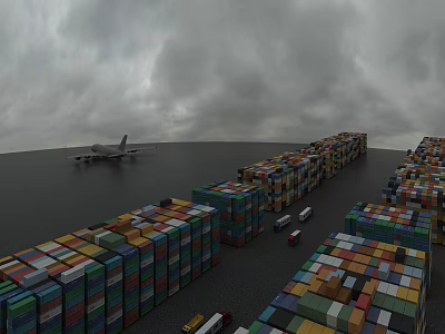 Industrial Equipment At Waterfront Logistics Area With Cargo Containers Aircraft And Vehicles 3d model