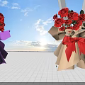Artistic Floral Installation With Colorful Wrapped Red Flower Bouquets Against Blue Sky