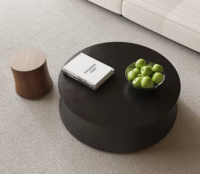 Round Black Coffee Table with FURNITURE Book Green Apple Bowl and Wooden Stool 3d model