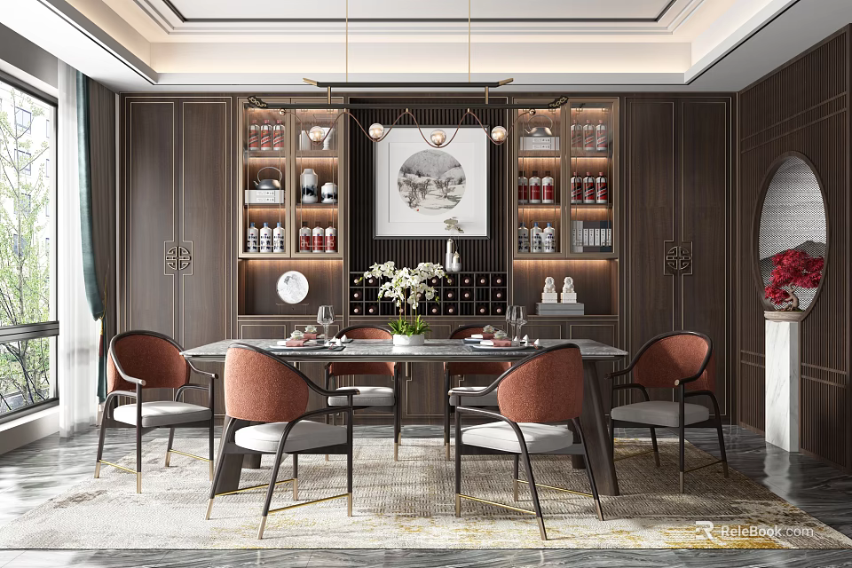 Elegant Restaurant Interior Design With Dark Wooden Cabinets Dining Table And Orange Backed Chairs 3d model 