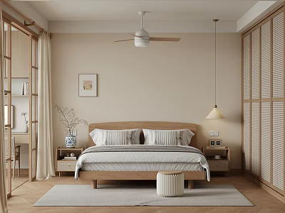 Serene Bedroom Interior With Beige Walls Wooden Bed Nightstands Ceiling Fan Hanging Lamp Shoji Wardrobes 3d model