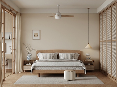 Japanese-style bedroom double bed ceiling lamp ceiling fan wind bedside table floral vase curtain 3d model